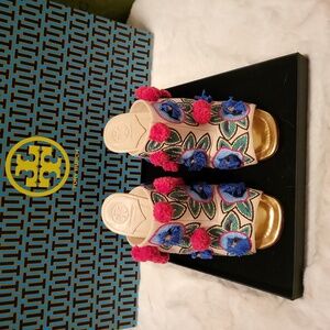 Tory Burch “Ellis” Embroidered Leather Mules With Pom Poms Wood Stack Heel 7